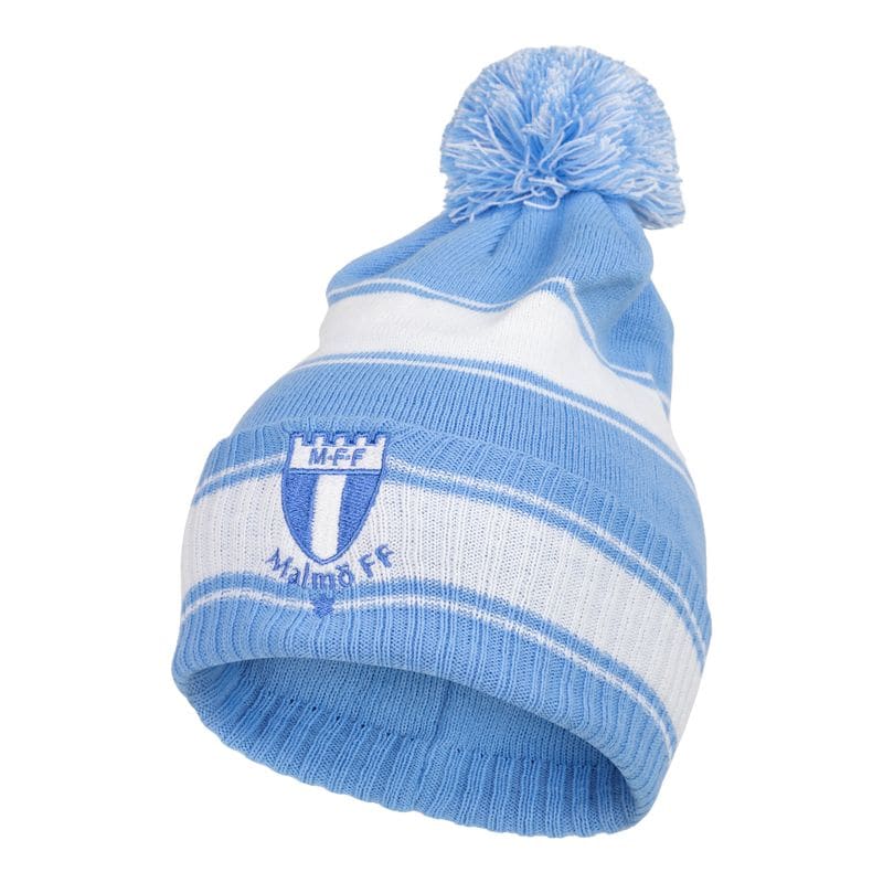 Mössa pompom randig ljusblå/vit
